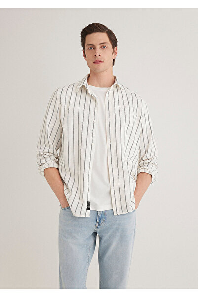 Mavi Πουκάμισο με ρίγες από λινάρι κανονική εφαρμογή 0211380 -87737