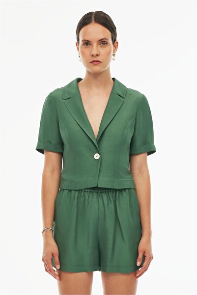 Perspective Happy Regular Fit Short Length Fitted Sleeve Jacket Collar Dark Green Color Women's Jacket