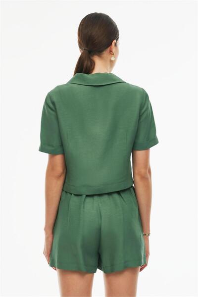 Perspective Happy Regular Fit Short Length Fitted Sleeve Jacket Collar Dark Green Color Women's Jacket