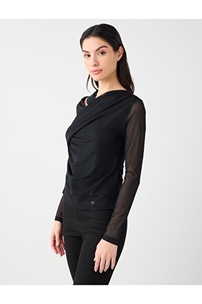 Jimmy Key Black Slim Fit Asymmetrical Neckline Mesh Knitted Blouse