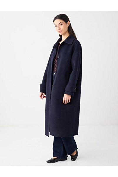 Jimmy Key Navy Blue Shirt Collar Wool Blend Relaxed Fit Woven Coat
