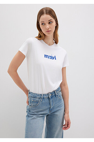 Mavi Weißes T-Shirt mit Katzenmuster, normale Passform/normale Passform 1613287 -620