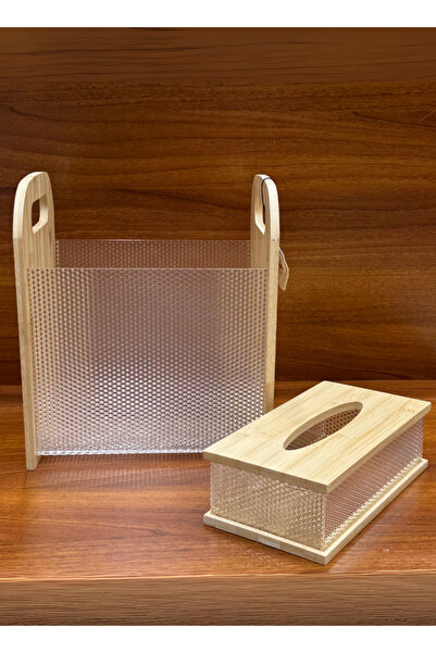 ALQANNAS مجموعة سلة مهملات ٢ في ١ مع علبة مناديل | خشب وأكريليك شفاف