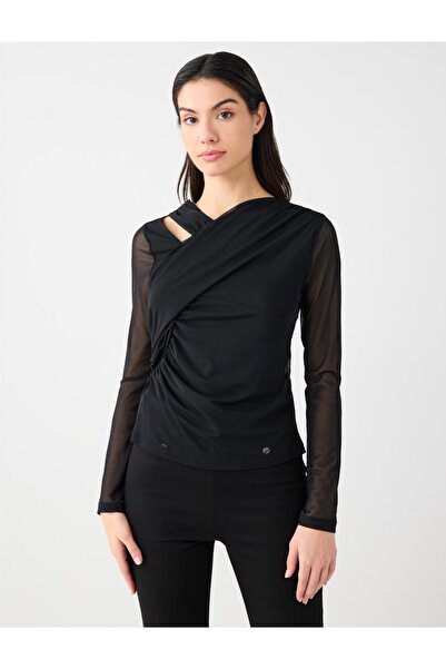 Jimmy Key Black Slim Fit Asymmetrical Neckline Mesh Knitted Blouse