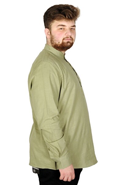ModeXL Mode Xl Великий розмір Чоловіча сорочка з льону з еластаном та коміром-стійкою 20388 Зелена