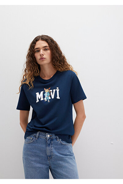 Mavi Marineblaues T-Shirt mit Katzen-Logo-Aufdruck, reguläre Passform 1613282 -82454