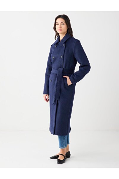 Jimmy Key Navy Blue Double-Breasted Collar Belt Detailed Cashmere Coat