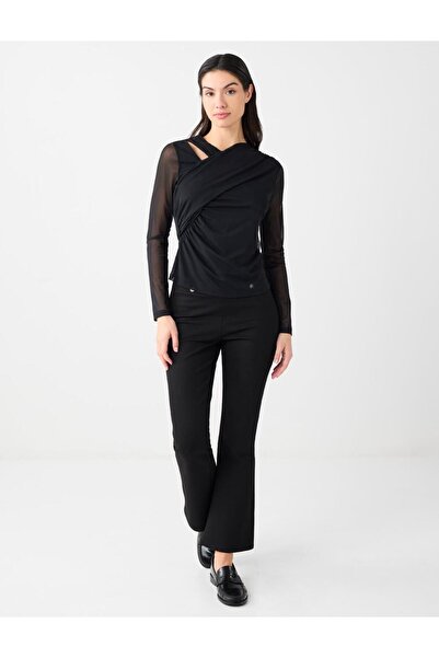 Jimmy Key Black Slim Fit Asymmetrical Neckline Mesh Knitted Blouse