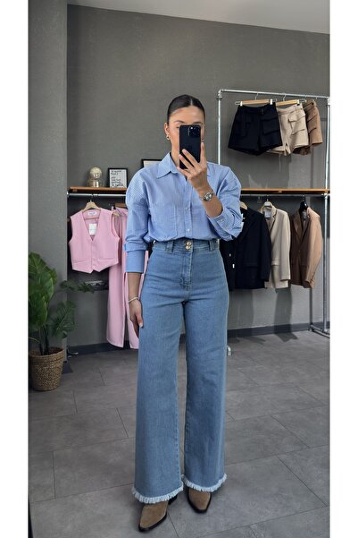 YOUR NAME Blugi cu picioare late pentru femei, albastru, cu talie înaltă