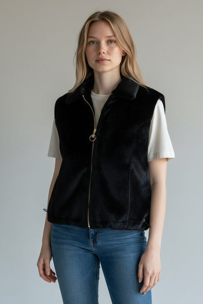 THE WOOW Women's Furry Black Plush Vest – Zippered, Comfortable Fit, Adjustab...
