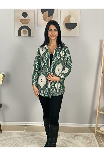 YusGos Women's Single Pocket Patterned Thick Lumberjack Jacket Shirt (Green-White) Standard Green