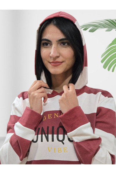 YusGos Unique Printed Hooded Striped Sweatshirt (Red-White) m Red