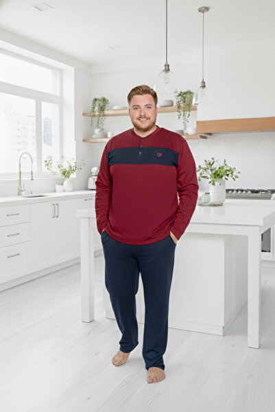 bie's Men's Burgundy Large Plus Size Patterned 3 Button 100% Cotton Seasonal Long Sleeve Pajama Set with Pockets