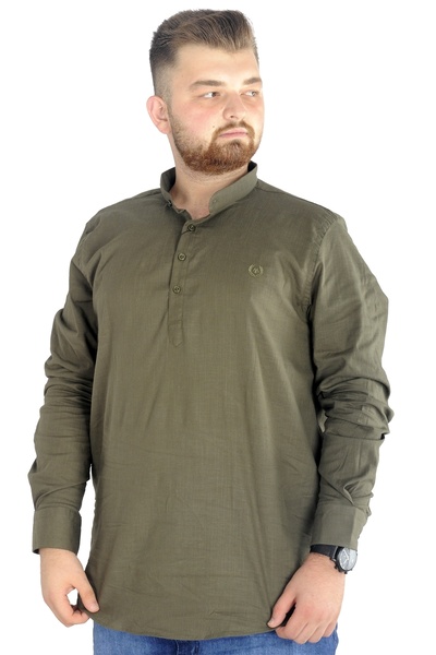 ModeXL Mode Xl Ανδρικό λινό πουκάμισο μεγάλου μεγέθους ελαστικό ύφασμα Ukol με γιακά 20388 Χακί