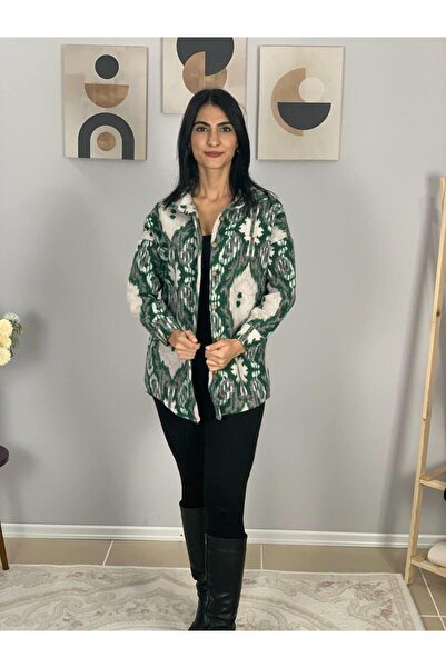 YusGos Women's Single Pocket Patterned Thick Lumberjack Jacket Shirt (Green-White) Standard Green