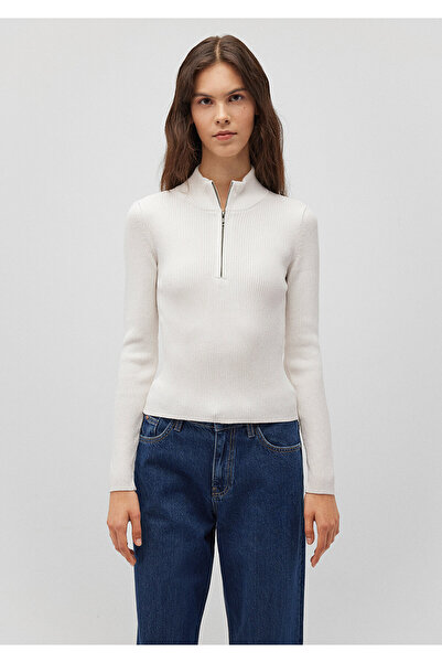 Mavi Pulover alb cu guler cu fermoar pe jumătate, potrivit / tăiat pe corp 1710519 -70057