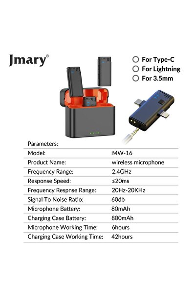 Jmary MW16 3in1 Plug Play Lapel Lavalier Wireless Microphone for Mobile & Camera