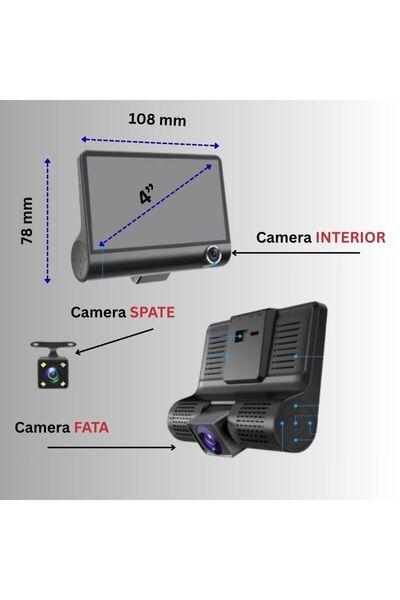 OEM Cameră Auto Triplă Față/Spate/Interior, Full HD, Noapte IR, Ecran 4”, G-Sensor, IP69