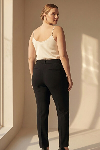 Hanezza Large Size Black High Waist Lycra Ankle Length Pocket Fabric Trousers