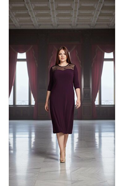 Nidya Moda Kadın Mürdüm Ayna Tül Roba Abiye Elbise 4078AM