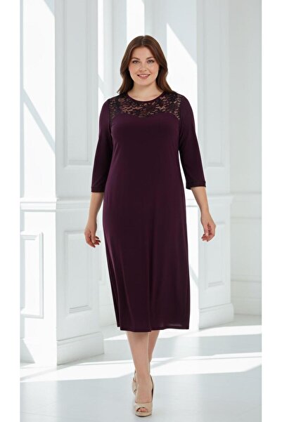 Nidya Moda Kadın Mürdüm Dantel Roba Abiye Elbise 4078DM