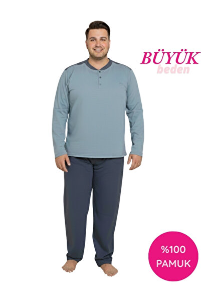 GUAVA+ Men's Blue 3-Button Chest Pocket Transitional Long Sleeve 100% Cotton Plus Size Pajama Set with Pockets
