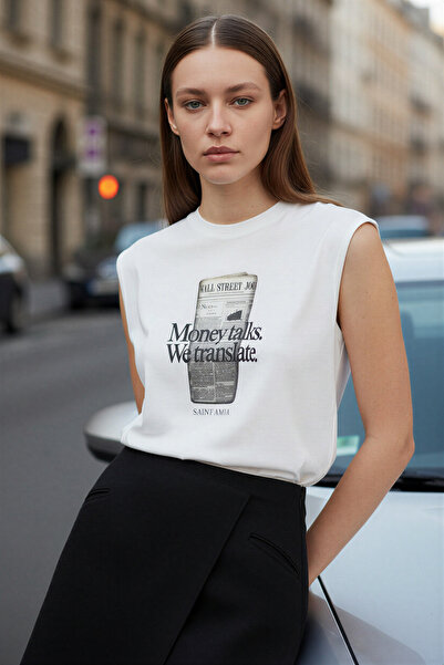 Amia&Co. Ecru Printed Sleeveless T-Shirt with Cotton Detail