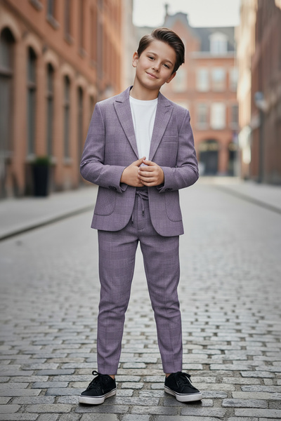 Merdia Kids Erkek Çocuk Takım Elbise (Ekose Ceket, Tişört ve İpli Pantolon)