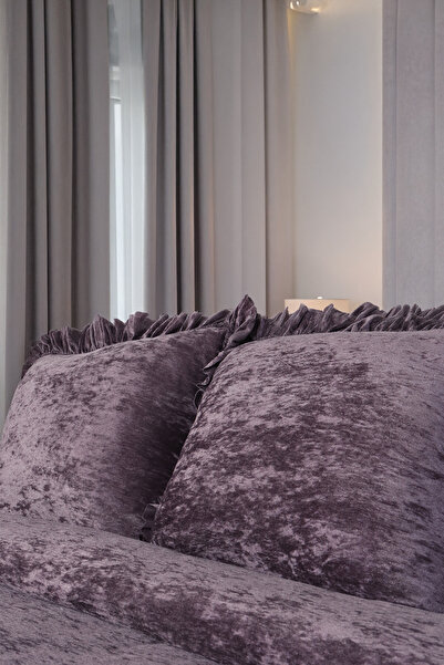 HAMUR Crush Hare Effect Double Bedspread Set with 2 Pillowcases Ruffled Satin Shine Plum