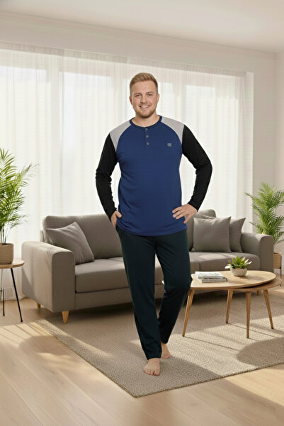 GUAVA+ Ανδρικό μπλε μεγάλο μέγεθος με σχέδιο με 3 κουμπιά 100% βαμβακερό εποχιακό μακρυμάνικο σετ πιτζάμες με τσέπες