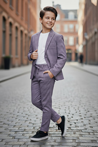 Merdia Kids Erkek Çocuk Takım Elbise (Ekose Ceket, Tişört ve İpli Pantolon)