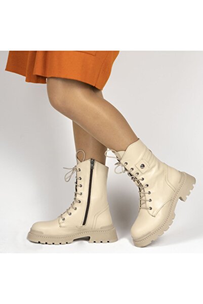 TwoEgoist حذاء طويل بسحاب من الجلد الطبيعي باللون البيج للنساء