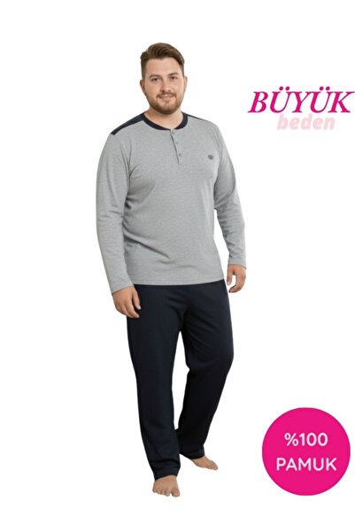 GUAVA+ Men's Light Gray 3 Button Chest Pocket Transitional Long Sleeve 100% Cotton Plus Size Pajama Set with Pockets