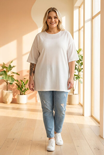 Stil Diva Large Size Crew Neck Short Sleeve Blouse with Side Slits Lined 303434