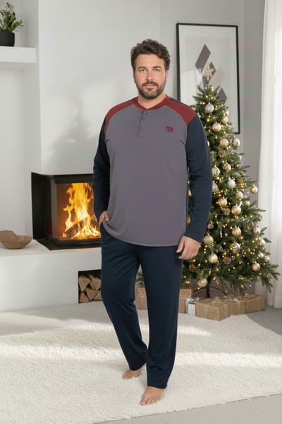 GUAVA+ Ανδρικό σετ πιτζάμες ανθρακί μπορντό μεγάλου μεγέθους με σχέδιο με 3 κουμπιά, 100% βαμβάκι, εποχιακό μακρυμάνικο σετ πιτζάμες με τσέπες