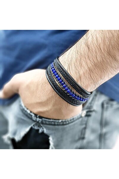OSMANLI GÜMÜŞ Mavi Faset Akik Doğal Taşlı Çoklu Deri Kordonlu Bileklik Dblımt...