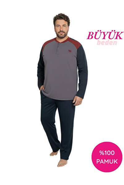 GUAVA+ Ανδρικό σετ πιτζάμες ανθρακί μπορντό μεγάλου μεγέθους με σχέδιο με 3 κουμπιά, 100% βαμβάκι, εποχιακό μακρυμάνικο σετ πιτζάμες με τσέπες