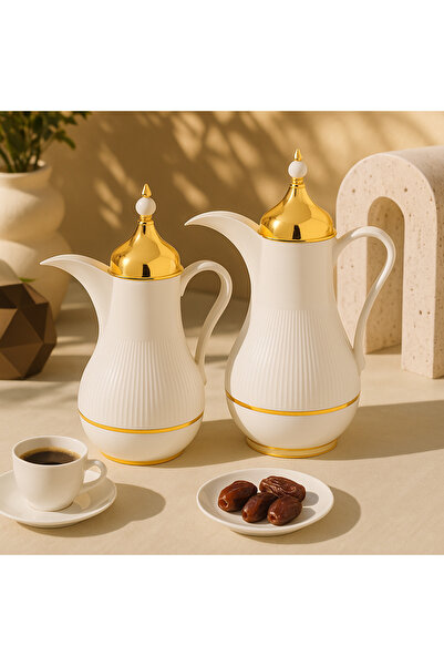 Alaska Alaska Dallah Thermos Set, 2 Pieces, White with Gold, 1 Liter Capacity