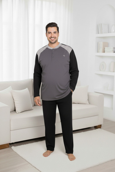 GUAVA+ Ανδρικό σετ πιτζάμες ανθρακί μεγάλου μεγέθους με σχέδιο με 3 κουμπιά 100% βαμβάκι ελαφρύ μακρυμάνικο με τσέπες