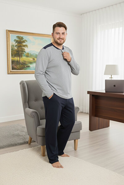 GUAVA+ Men's Light Gray 3 Button Chest Pocket Transitional Long Sleeve 100% Cotton Plus Size Pajama Set with Pockets