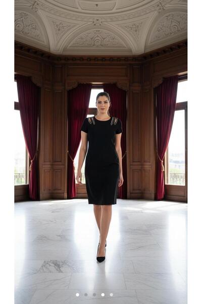 Nidya Moda Büyük Beden Siyah Taş Işli Abiye Elbise 4107s