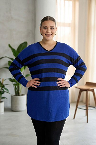 Stil Diva Plus Size V-Neck Striped Slit Detail Long Blouse with Thin Fabric 301567