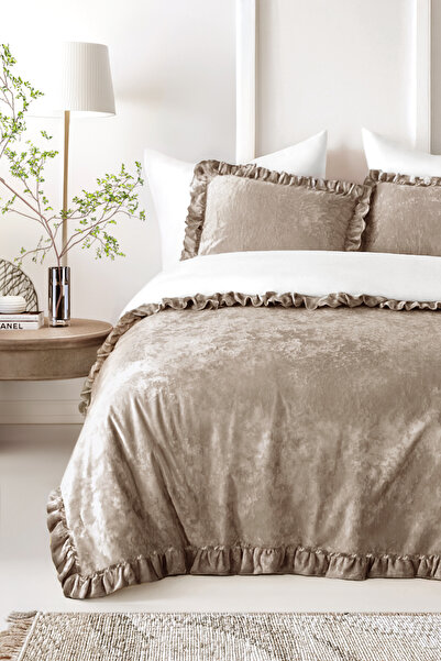 HAMUR Crush Hare Effect Double Bedspread Set 2 Pillowcases Ruffled Satin Shine Mink