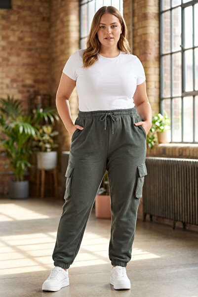 Stil Diva Plus Size Cargo Jogger Pants with Elastic Waist and Leg Pockets 143569