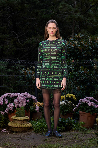 Le Monade Dreams Yeşil Bulut Desenli Saçak Detaylı Mini Etek