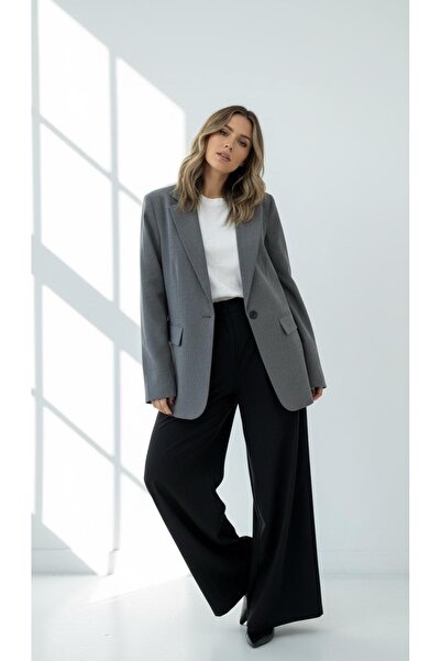 CEK mağazacılık Kadın Gri Tek Düğmeli Oversize Blazer Ceket - Klasik Ofis ve Günlük Şıklık