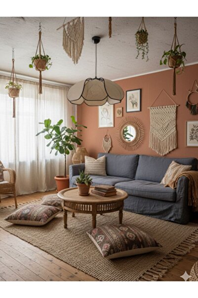 Emg DesiGn Modern Tasarım Çiçek Sarkıt Avize Rattan Boheme Salon Oturma Odası Mutfak Avizesi