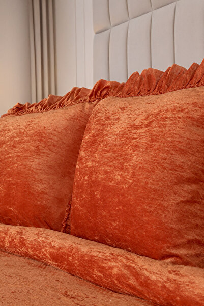 HAMUR Crush Hare Effect Double Bedspread Set with 2 Pillowcases Ruffled Satin Shine Tile