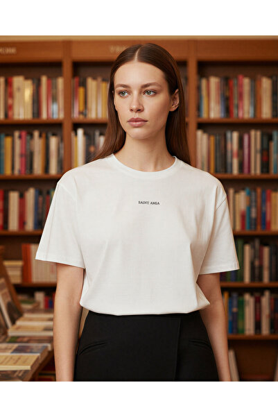 Amia&Co. Ecru-Black Short Sleeve Crew Neck Embroidered T-Shirt