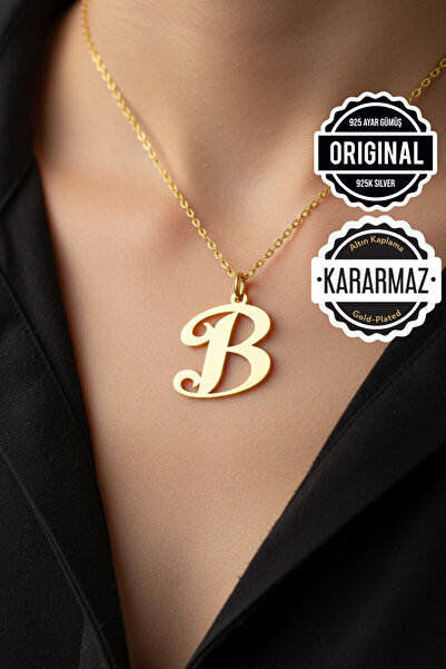Jewelmim Gümüş B Harfli Kolye 18 Ayar Sarı Altın Kaplama Gümüş Harf Kolye 925 Ayar Kadın Harfli Gümüş Kolye